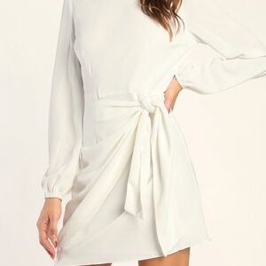 Lulus Believe It Or Knot White Long Sleeve Tie-front Skater Dress - Size Medium